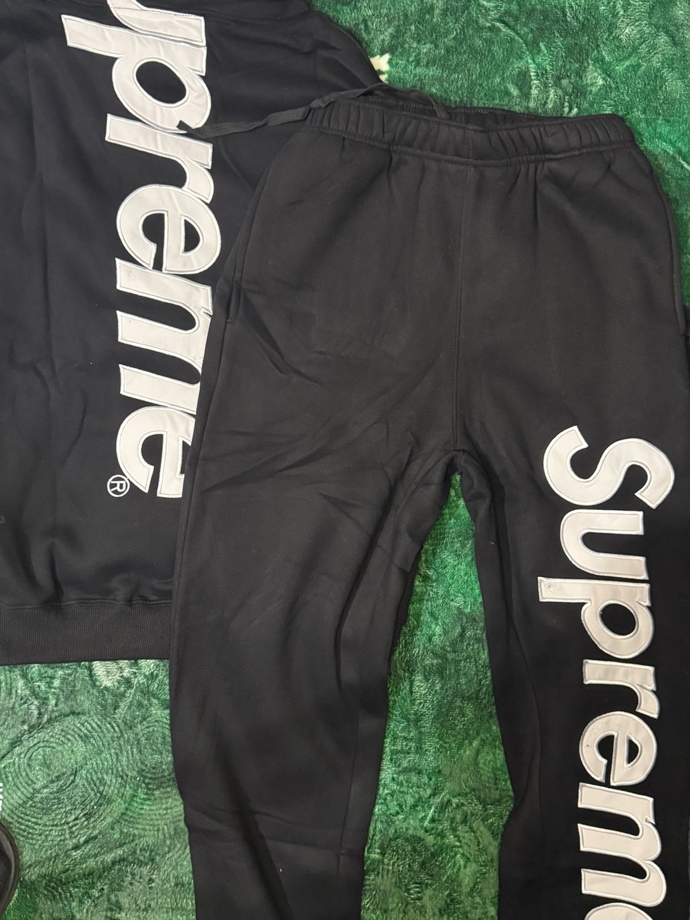 Black Supreme Satin Appilqué Hooded Sweatshirt & Sweatpant Set